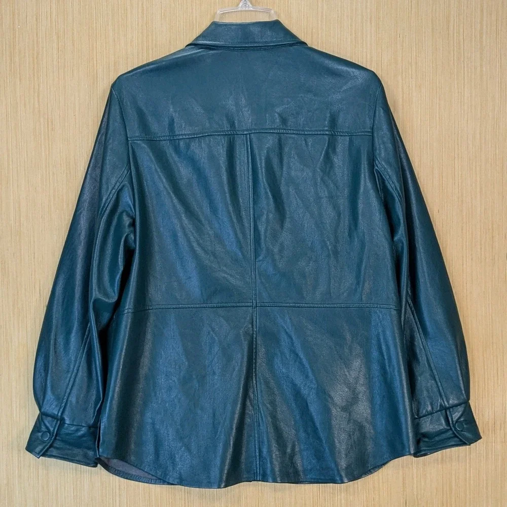 Chicos Faux Leather Shirt Jacket Teal Green Button Front‎ Shacket Size Large